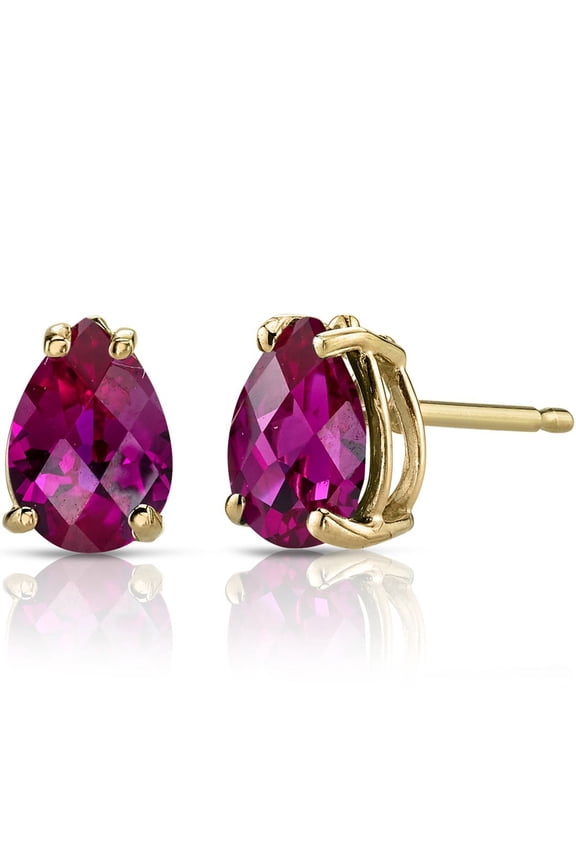 Solid 14K Yellow Gold Created Ruby Earrings for Women, Classic Solitaire Studs, 7x5mm Pear Shape, 2 Carats total, Friction Back