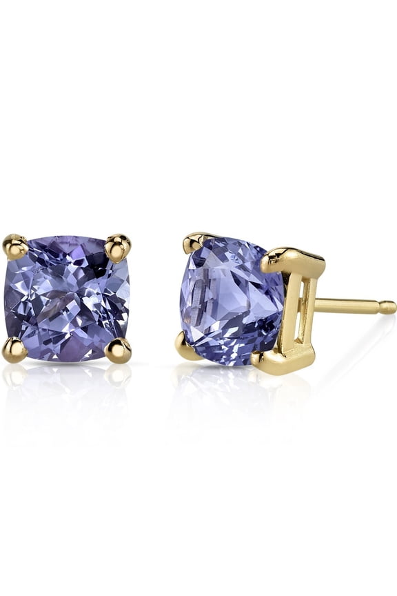 Solid 14K Yellow Gold Tanzanite Stud Earrings for Women, Genuine Gemstone Solitaire, AAA Grade Cushion Cut 6mm, 2 Carats total, Friction Back