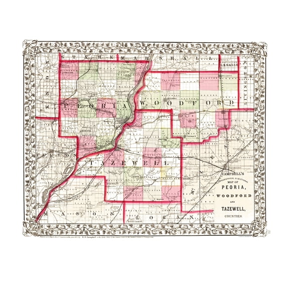Historic County Map- Peoria Woodford Tazewell Counties Illinois - Campbell 1870