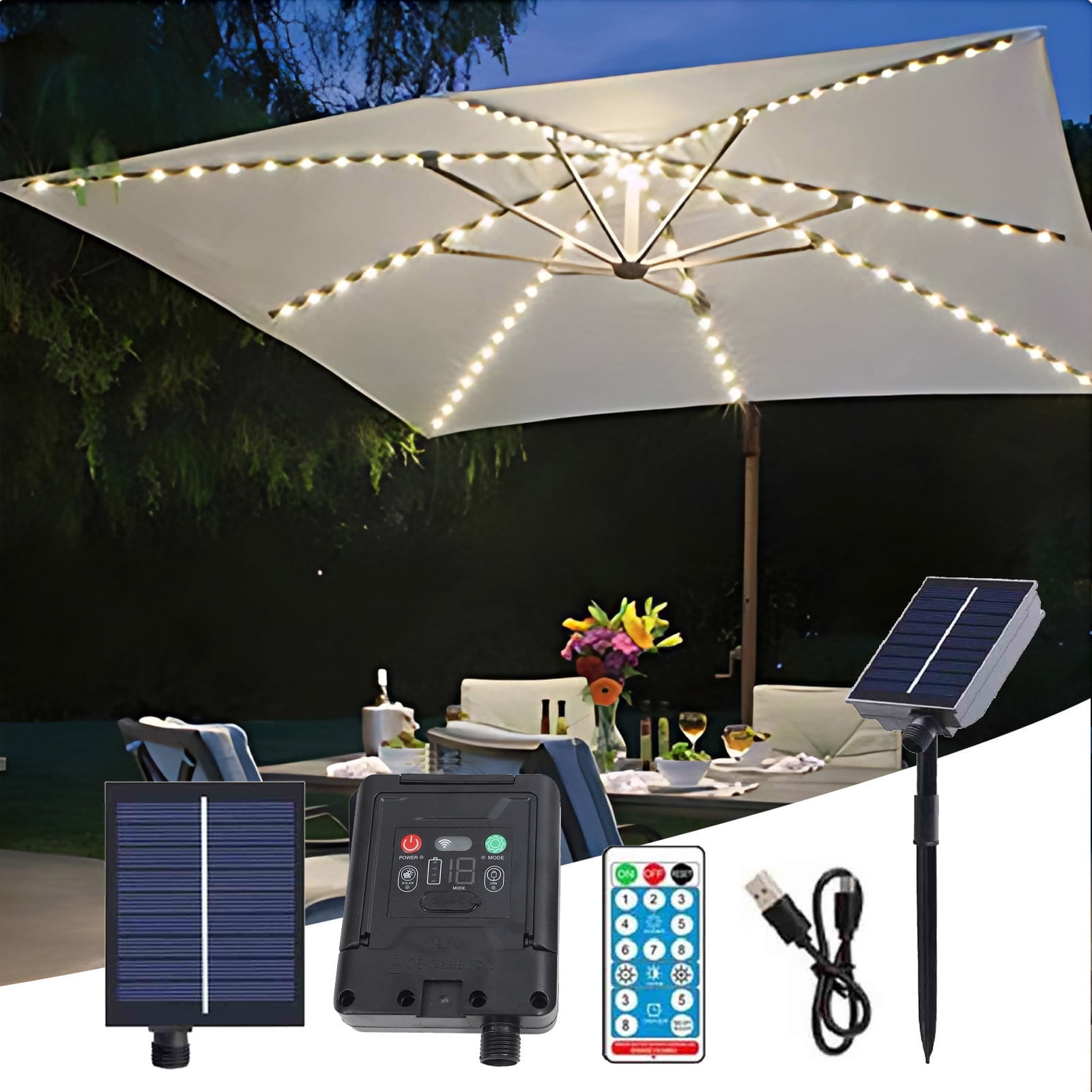 led patio umbrella switch 24-LED Light Battery Operated Pole Lamp For Camping Tents & Outdoor Tables Silver featuring stylish ruffled edges for lasting elegance 7.5 Feet Solar Powered Patio
