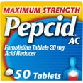 thumbnail image 1 of Pepcid AC Maximum Strength Heartburn Relief Tablets, OTC Medicine Prevents & Relieves Heartburn Due to Acid Indigestion & Sour Stomach, 20mg Famotidine Acid Reducer, Fast-Acting, 50 ct, 1 of 5