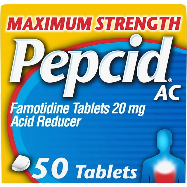 Pepcid AC Maximum Strength Heartburn Relief Tablets, OTC Medicine Prevents & Relieves Heartburn Due to Acid Indigestion & Sour Stomach, 20mg Famotidine Acid Reducer, Fast-Acting, 50 ct