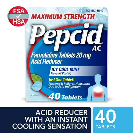 Pepcid AC Maximum Strength Famotidine Tablets, Icy Cool Mint, 40 Count
