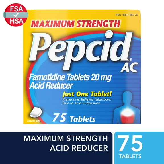 Pepcid AC Maximum Strength Heartburn Medicine, Famotidine, 75 Count