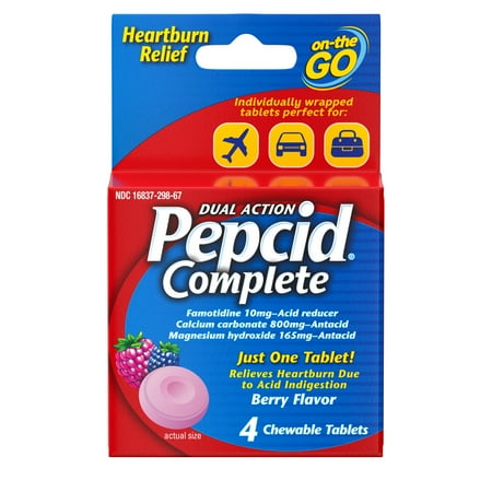 Pepcid Complete Acid Reducer + Antacid Chews, Berry Flavored, 4 Count.