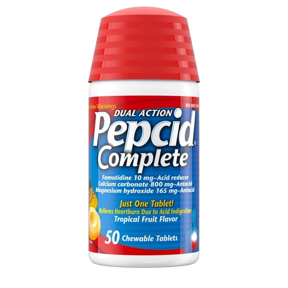 Pepcid Complete Acid Reducer + Antacid Chews, Tropical Fruit, 50 Count