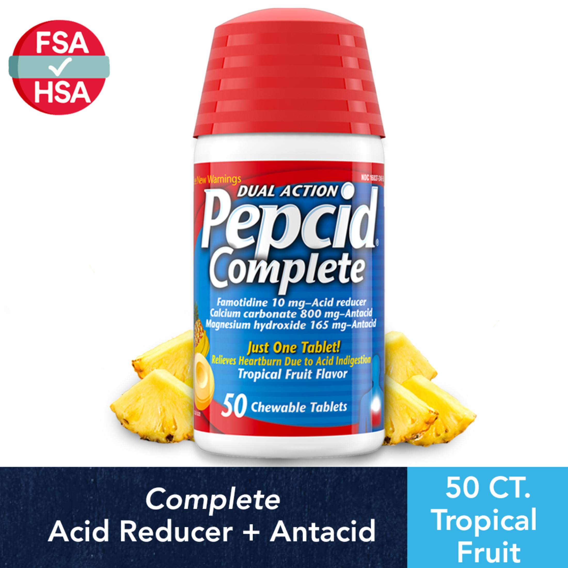 Pepcid Complete Acid Reducer + Antacid Chews, Tropical Fruit, 50 Ct - image 1 of 11