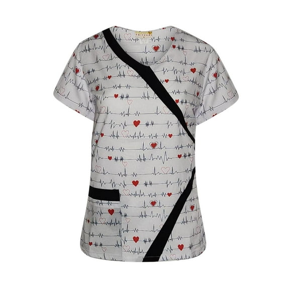 Pepino Uniforms Printed Black EKG V-Neck Trim Scrub Top