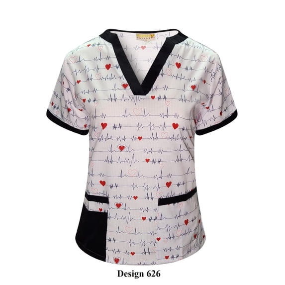 Pepino Uniforms Printed Blue EKG V-Neck Scrub Top