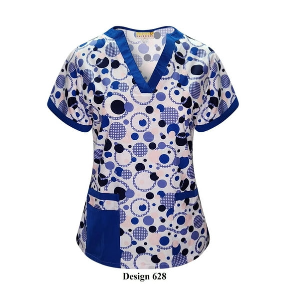 Pepino Uniforms Printed Blue Polka Dot V-Neck Scrub Top