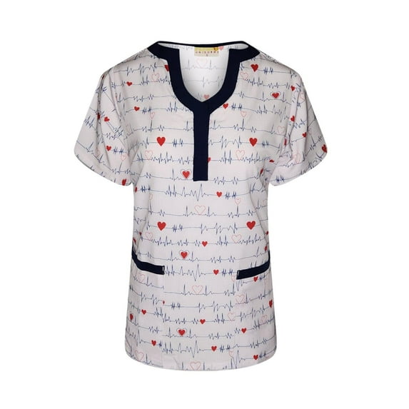 Pepino Uniforms Printed EKG Black Trim U-Neck Scrub Top