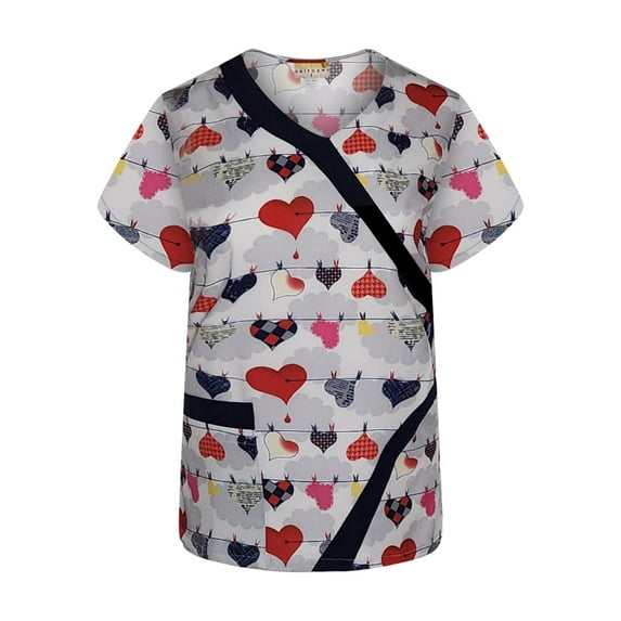 Pepino Uniforms Printed Hanging Hearts V-Neck Trim Scrub Top