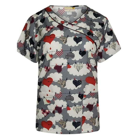 Pepino Uniforms Printed Heartline/Burgundy Trim Mock Wrap Scrub Top