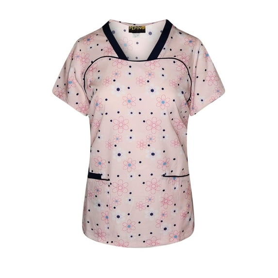 Pepino Uniforms Printed Navy Daisy Piping V-Neck Scrub Top