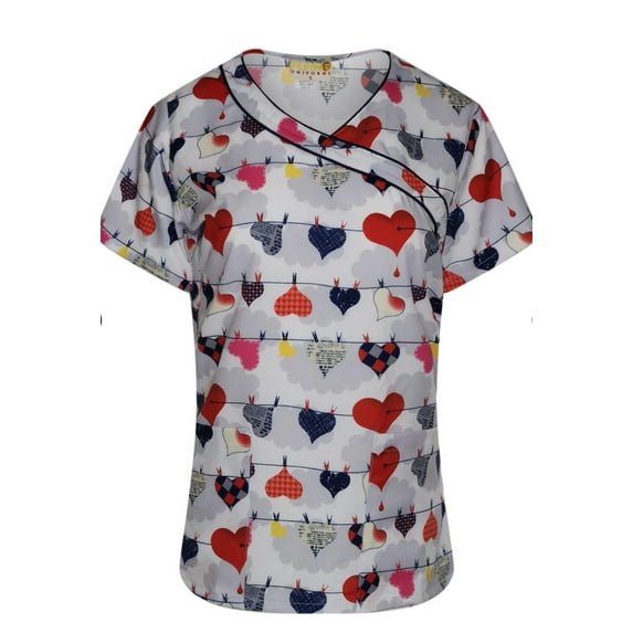 Pepino Uniforms Printed Navy Heartline Mock Wrap Scrub Top