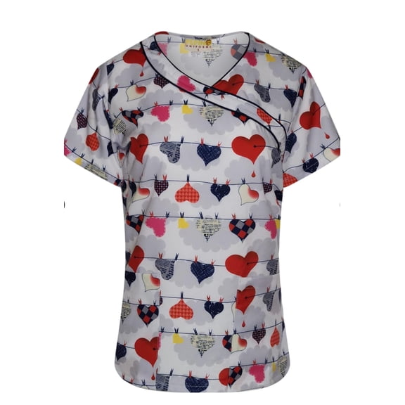 Pepino Uniforms Printed Navy Heartline Mock Wrap Scrub Top