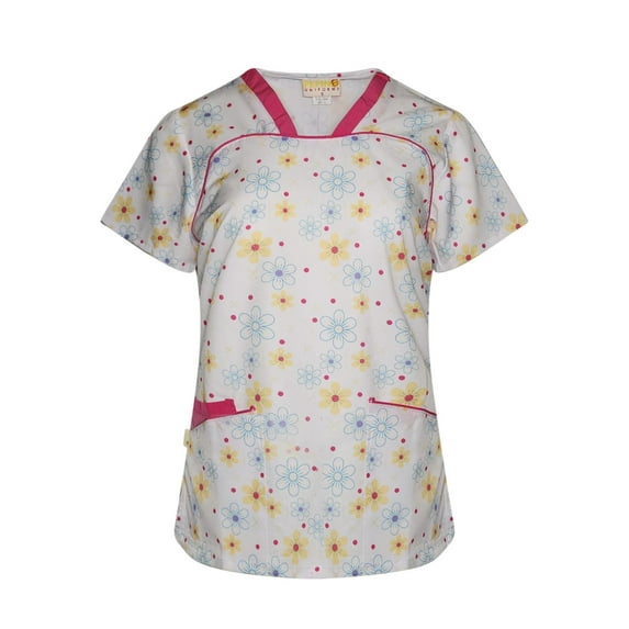 Pepino Uniforms Printed Pink Daisy V-Neck Piping Scrub Top