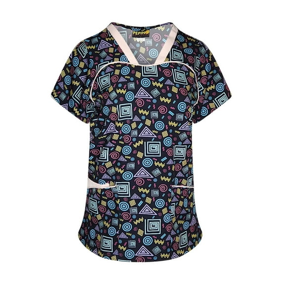 Pepino Uniforms Printed Pink Swirly Piping V-Neck Scrub Top