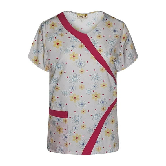 Pepino Uniforms Printed Pinkn' Yellow Daises V-Neck Trim Scrub Top