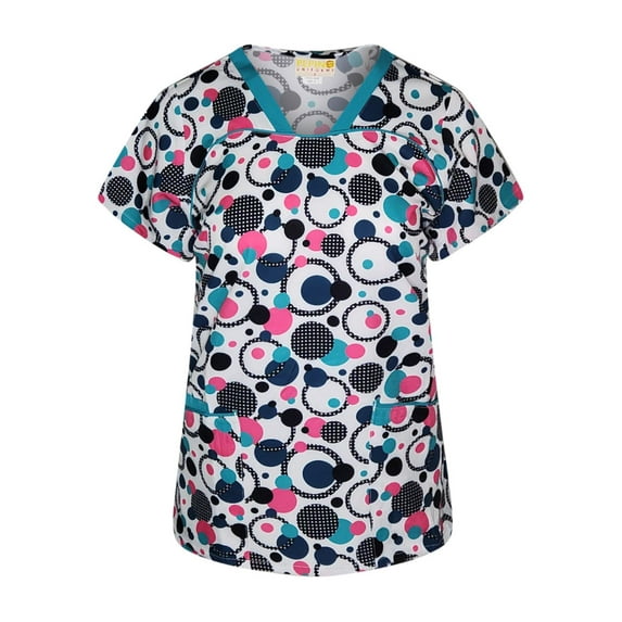 Pepino Uniforms Printed Teal Polka Dot Piping V-Neck Scrub Top
