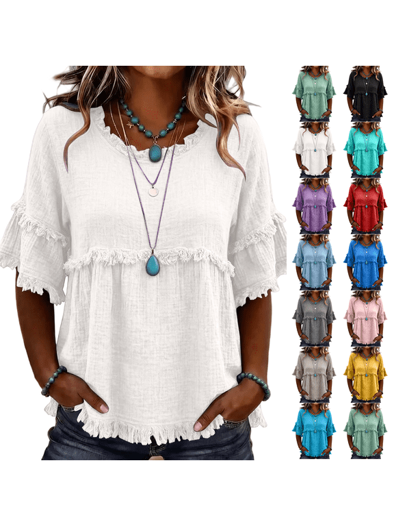 Peplum Blouses for Women Fringe Trim Round Neck Elbow Sleeve Linen Top Casual Loose T-Shirt Peasant Blouse 2026 White 2XL