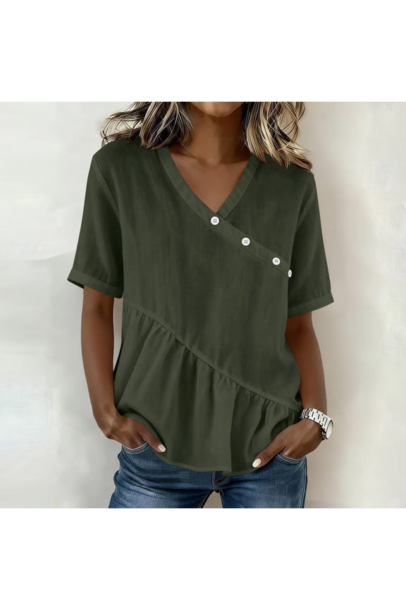 Peplum Blouses for Women, Wrap V-Neck Button Ruffle Short Sleeve Linen Beach Vacation Tops Green S