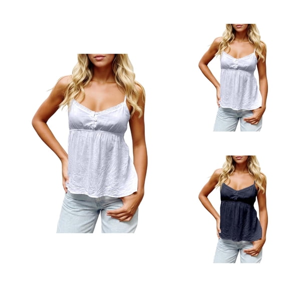 Peplum Camisole Tops for Women Lightweight Y2k Lace Neckline Spaghetti Strap Flowy Cami Tank Top Summer Outfits