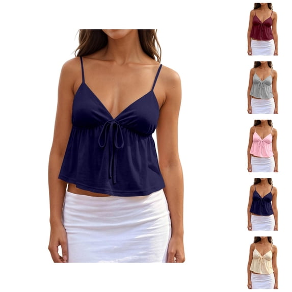 Peplum Camisole Tops for Women Summer Spaghetti Strap V Neck Bow Front Cropped Flowy Y2k Going out Tank Tops