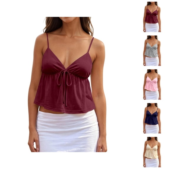 Peplum Camisole Tops for Women Summer Spaghetti Strap V Neck Bow Front Cropped Flowy Y2k Going out Tank Tops