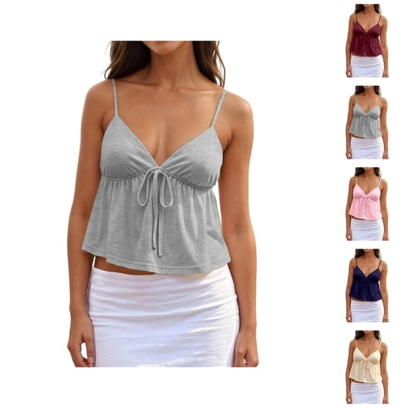 Peplum Camisole Tops for Women Summer Spaghetti Strap V Neck Bow Front Cropped Flowy Y2k Going out Tank Tops