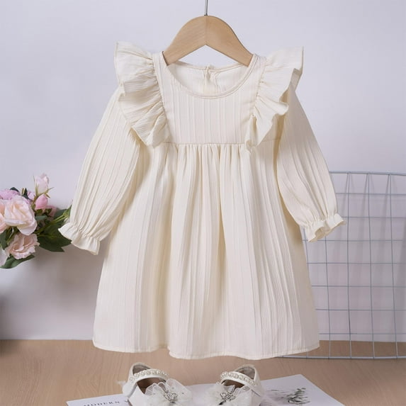 Peplum Dresses for Girls 0-6 Years Cute Ruffle Long Sleeve Crewneck Toddlers Kids Casual Solid Color Loose Pullover Babydoll Mini Dress