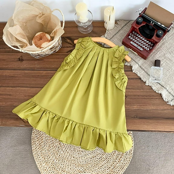 Peplum Dresses for Girls 6M-8Y Cute Ruffle Sleeveless Crewneck Sundresses Toddlers Kids Lightweight Pleated Loose Pullover Babydoll Dress
