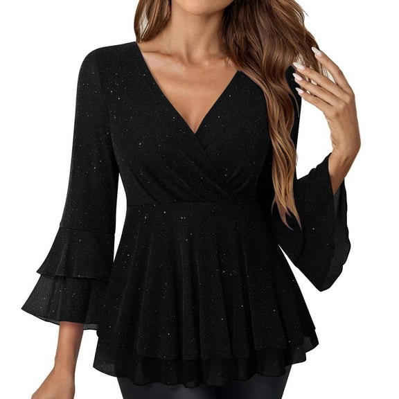 Peplum Sparkly Tops for Women, Ruffle 3/4 Sleeve Dressy Blouses, Loose Flowy Tunic Tops