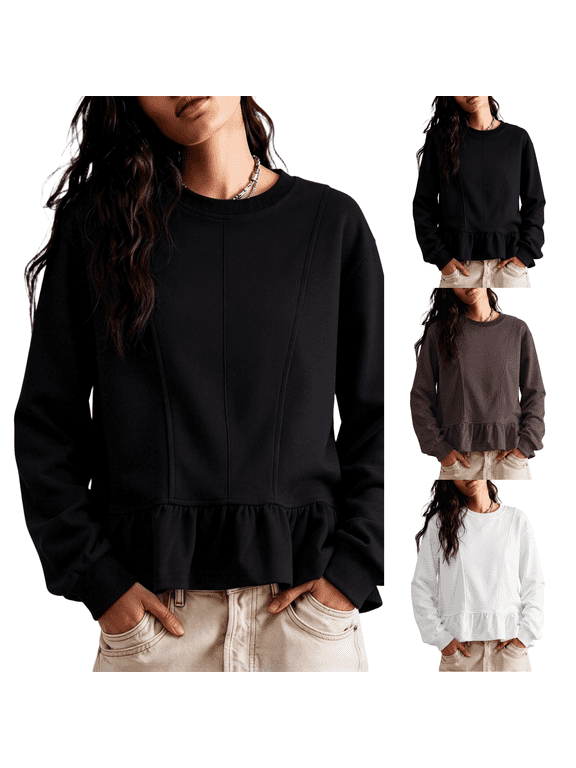 Peplum Sweatshirts Women Cute Ruffle Hem Pullover Casual Pleated Cotton Blend Crew Neck Drop Shoulder Long Sleeve Fall Babydoll Top Black 2XL