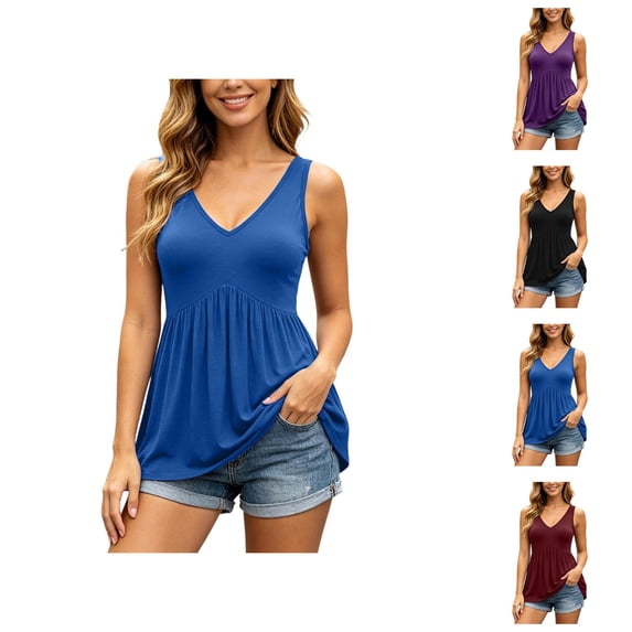 Peplum Tank Tops for Women Summer V Neck Ruffle Flowy Sleeveless Blouse Dressy Casual Vacation Outfits