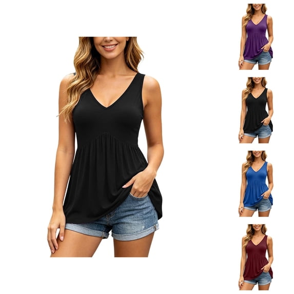 Peplum Tank Tops for Women Summer V Neck Ruffle Flowy Sleeveless Blouse Dressy Casual Vacation Outfits