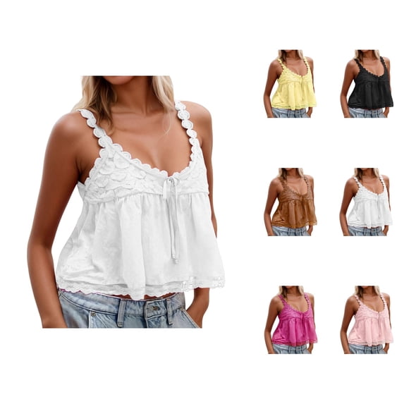 Peplum Tank Tops for Women Y2k Bow Center U Neck Lace Trim Ruffle Flowy Loose Crop Sleeveless Shirt Summer Outfits