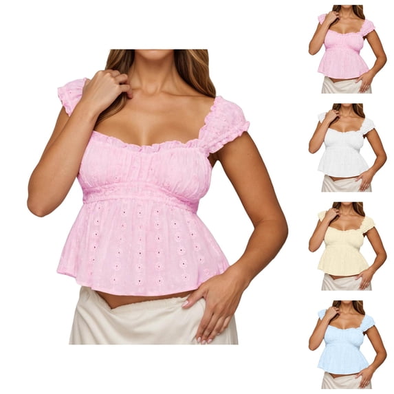 Peplum Tank Tops for Women Y2k Square Neck Ruffle Eyelet Cropped Sleeveless Shirt Going out Tops Summer Outfits