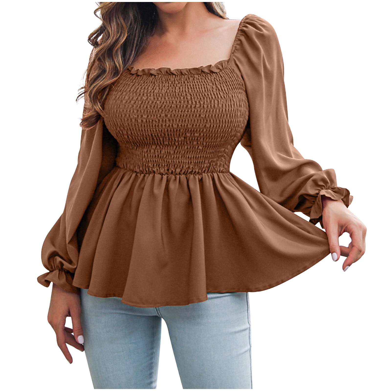 Peplum Tops for Women Square Neck Long Sleeve Shirts Bell Sleeve Plain  Ruffles Tunics Tops Ribbed Flared Longline Blouses Ladies 2022 New Autumn