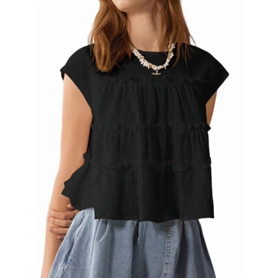 Peplum Tops for Women Crew-Neck Ruffled Bobydoll Tunic Tank Shirts Loose Fit Summer Outfits Black XL