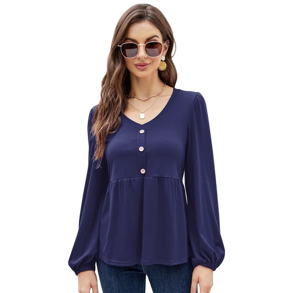 Peplum Tops for Women Long Sleeve V Neck Button Down Blouse Ruffle Hem Tunic Shirts Navy Blue XL