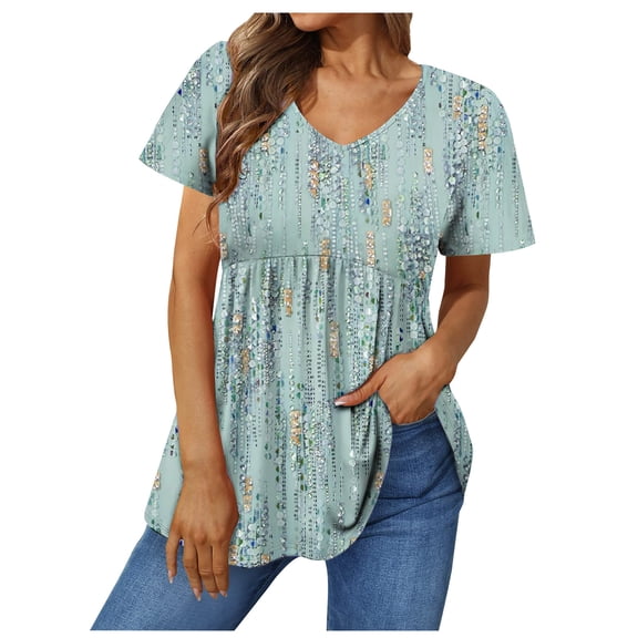 Peplum Tops for Women Summer Puff Short Sleeve Babydoll V Neck Print T-shirts Shirts Dressy Casual Tunic Tops with Leggings