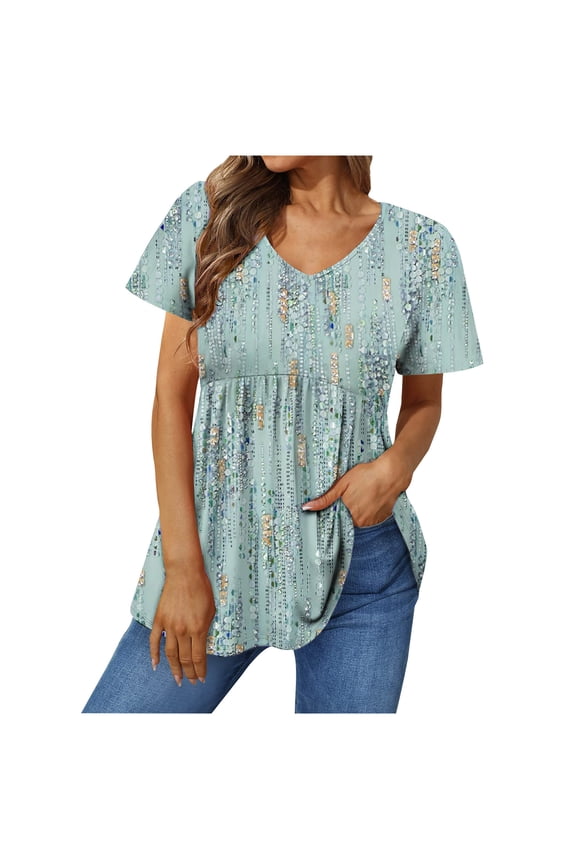 Peplum Tops for Women Summer Puff Short Sleeve Babydoll V Neck Print T-shirts Shirts Dressy Casual Tunic Tops with Leggings