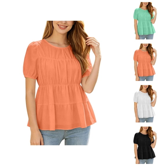 Peplum Tops for Women Summer Puff Short Sleeve Crewneck Pleated Dressy Casual Flowy Blouse Cute Vacation Outfits