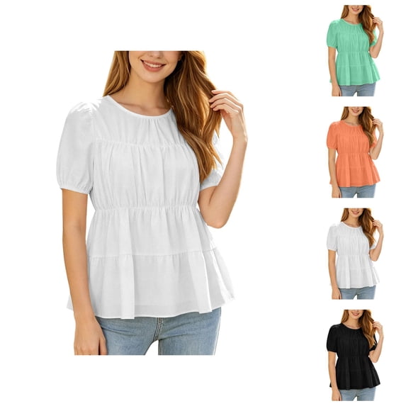 Peplum Tops for Women Summer Puff Short Sleeve Crewneck Pleated Dressy Casual Flowy Blouse Cute Vacation Outfits