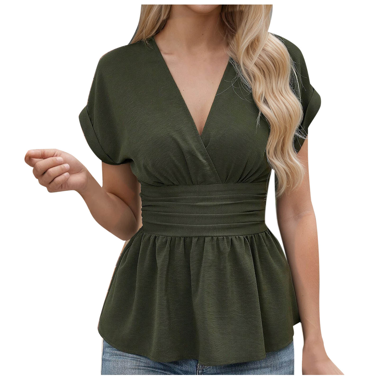 Peplum Tops for Women Wrap V Neck Cap Short Sleeve Tunic Top Waist Pleats Wrap Shirt Solid Color Casual Flowy Blouse