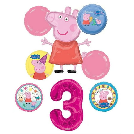 Peppa Pig 3rd Birthday Party Balloon Bouquet Bundle, for 3 Year Old, Includes 8 Balloons