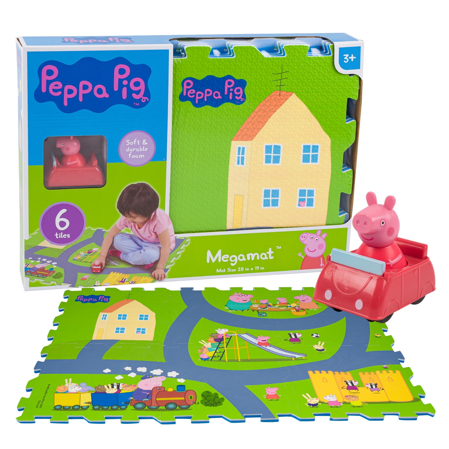 Peppa Pig 6pc Play Set Foam Mega Mat- 28"x19 Includes Peppa & Red Car