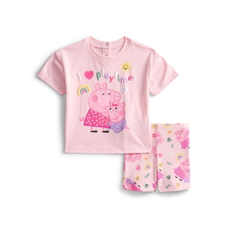 Bluey Peppa Pig Baby Girls Graphic Tee and Bike Shorts Set, 2-Piece, Sizes 0/3M-24M