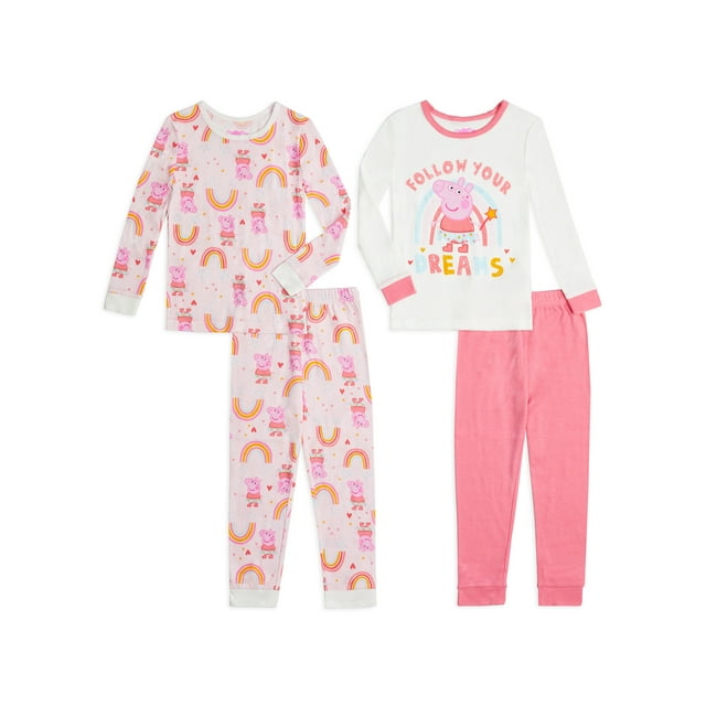 Peppa Pig Baby & Toddler Girls Long Sleeve Snug Fit Cotton Pajamas, 4pc Set (2T5T)